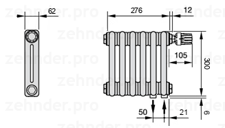 Схема (чертеж) Радиатор Zehnder Charleston 2030/6 №V002 Белый глянцевый RAL 9016